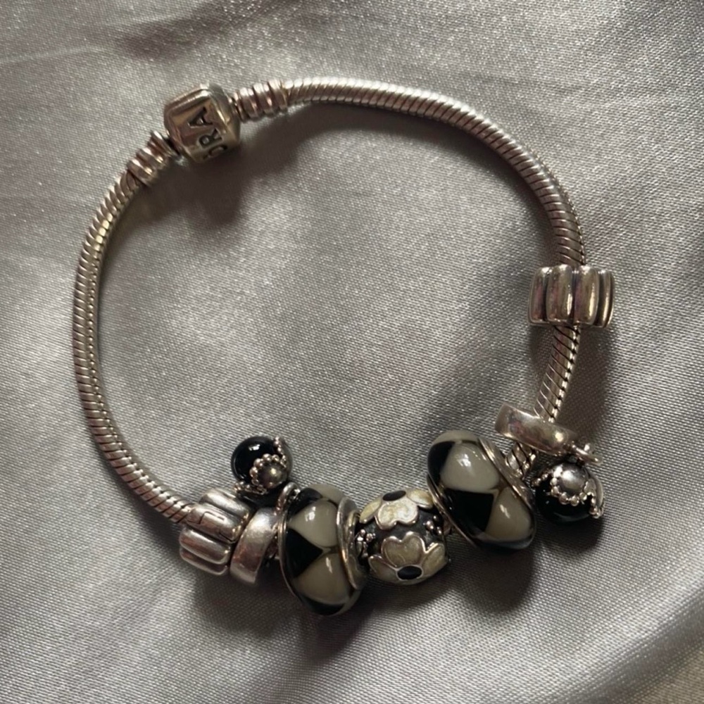 Pandora Silver Bracelet with Black and White Charms